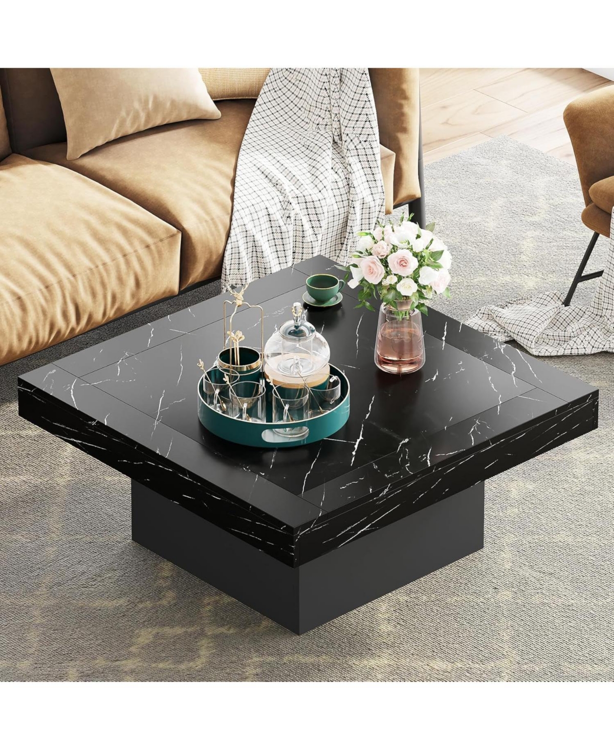 Tribesigns Led Coffee Table, Square Coffee Table Wood Low Coffee Table for Living Room - Faux marble black+black