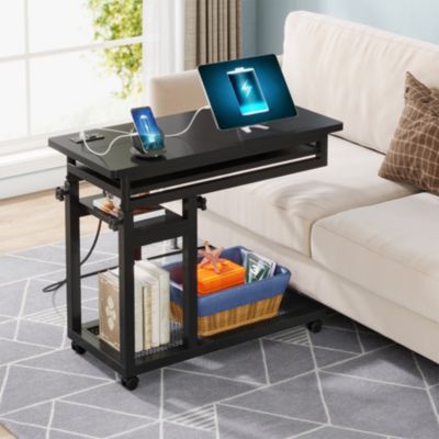 Small Portable Desk with Power Outlet, Height Adjustable Laptop Table with Wheels, Mobile Standing Computer Cart