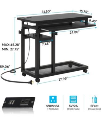 Small Portable Desk with Power Outlet, Height Adjustable Laptop Table with Wheels, Mobile Standing Computer Cart