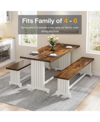 47" Dining Table Set for 4-6, 3-Piece Kitchen Room Table with 2 Benches, Farmhouse Wood Dinner Table for Small Space, Home Kitchen
