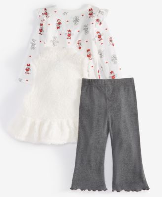Baby Girls 3-Piece Minnie Mouse Faux-Fur Vest, Printed Bodysuit & Flared Pants Set