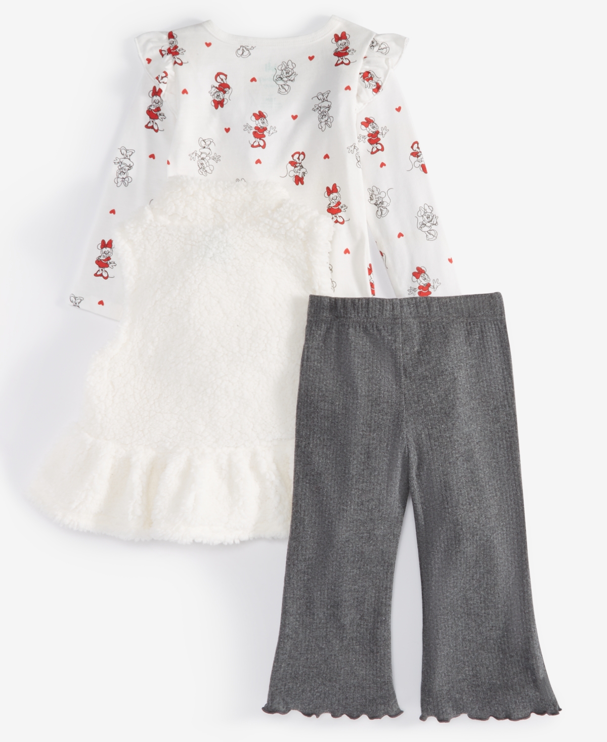 Disney Baby Girls Minnie Mouse Faux-fur Vest, Printed Bodysuit & Flared Pants, 3 Piece Set In Multi