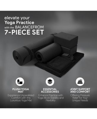 7 Piece Yoga Set with Mat, Stretch Strap & Knee Pad, Black