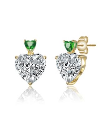 Sterling Silver 14K Gold Plated with Green, Red, or Blue Cubic Zirconia Two-Stone Heart Stud Earrings