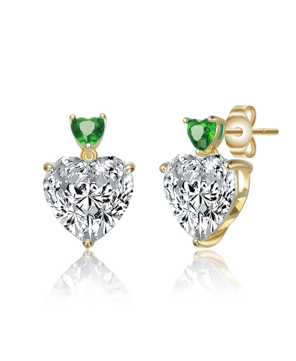 Genevive Sterling Silver 14K Gold Plated with Red, or Blue Cubic Zirconia Two-Stone Heart Stud Earrings - Green
