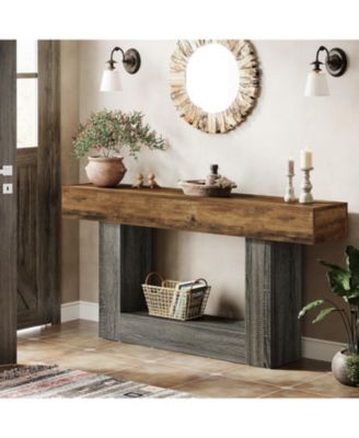 63-Inch Farmhouse Wood Console Table with U-Shaped Base, 2-Tier Narrow Sofa Table for Entryway & Living Room
