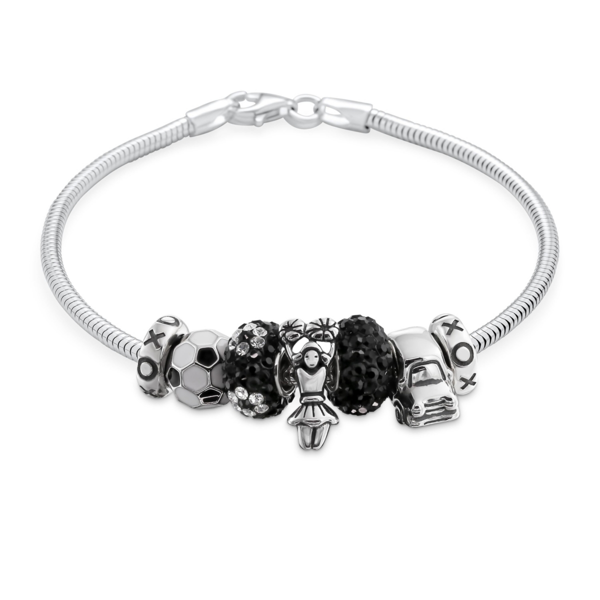 Bling Jewelry Black White Soccer Mom Charm Bracelet with Cheerleader Beads