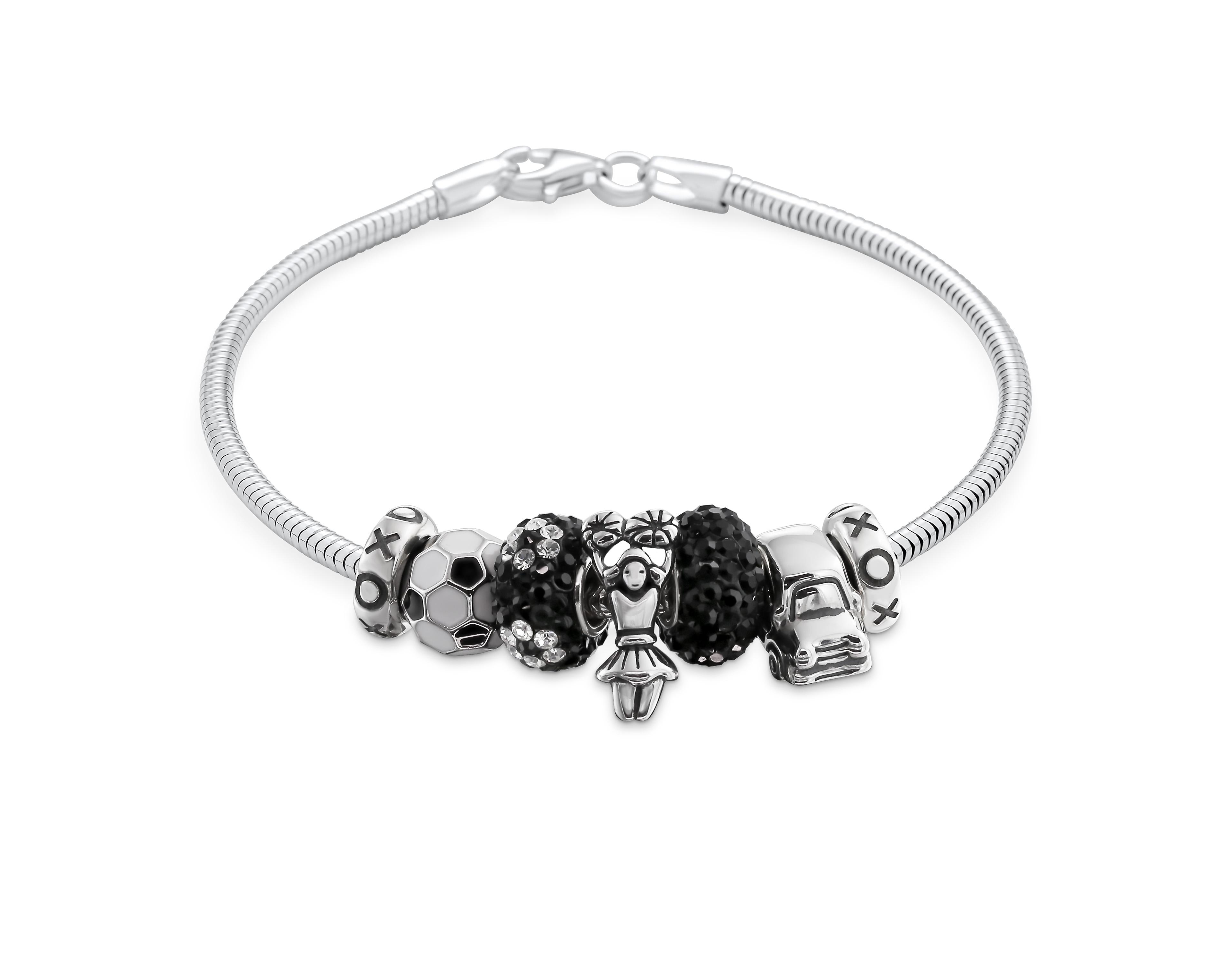 Bling Jewelry Black White Soccer Mom Charm Bracelet with Cheerleader Beads