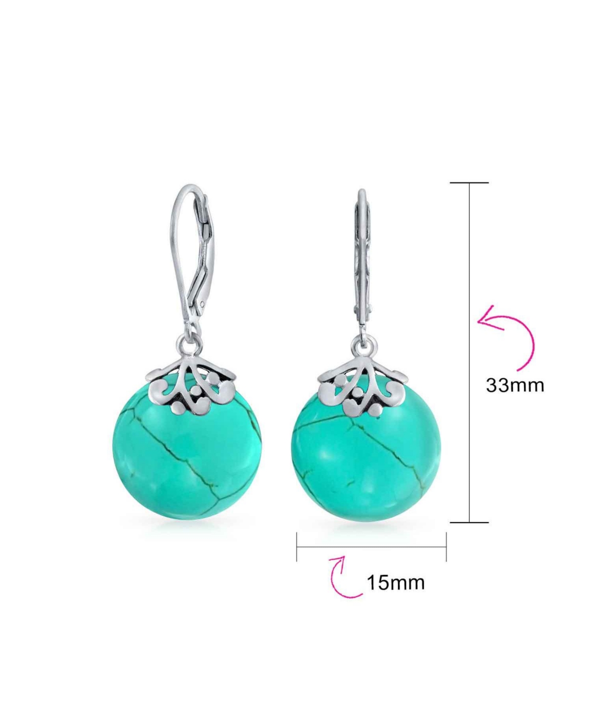 Bling Jewelry Western Style Filigree Lever Back Blue Stabilized Turquoise Flat Round Circle Disc Dangle Drops Earrings For Women .925 Sterling Silver