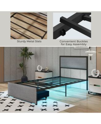 Twin Size Bed Frame w/ Storage Drawer Metal Platform Bed w/ LED Lights