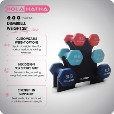 3, 5, and 8 Pound Dumbbell Hand Weight Set with Storage Rack, Multi