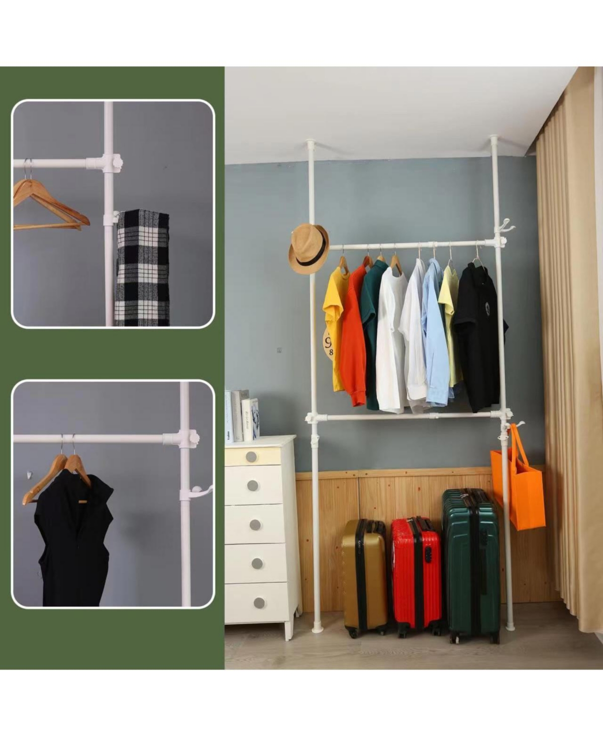 Slickblue Telescopic Garment Rack, Heavy Duty Design Movable Diy By Hand No Damage to Wall Ceiling Hanging Rail, 31-47in Wide Adjustable, 120 Kilogram