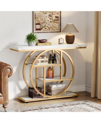 41.3" Console Table, Industrial 4-Tier Sofa Table Entryway Table with Circle Base, Narrow Wood Accent Tables with Shelves, Light Brown