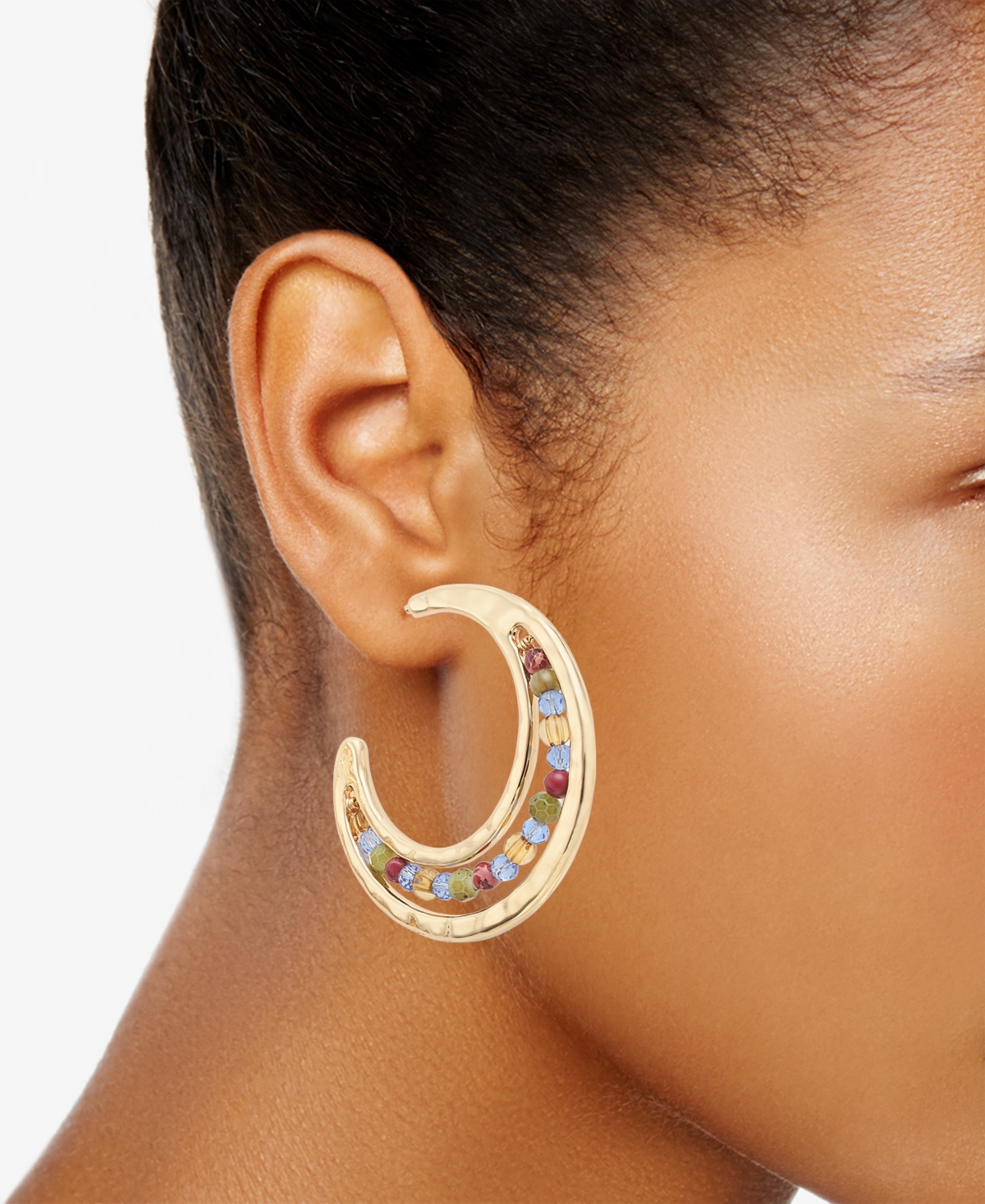 Style & Co Gold-Tone Medium Mixed Bead C-Hoop Earrings, 2