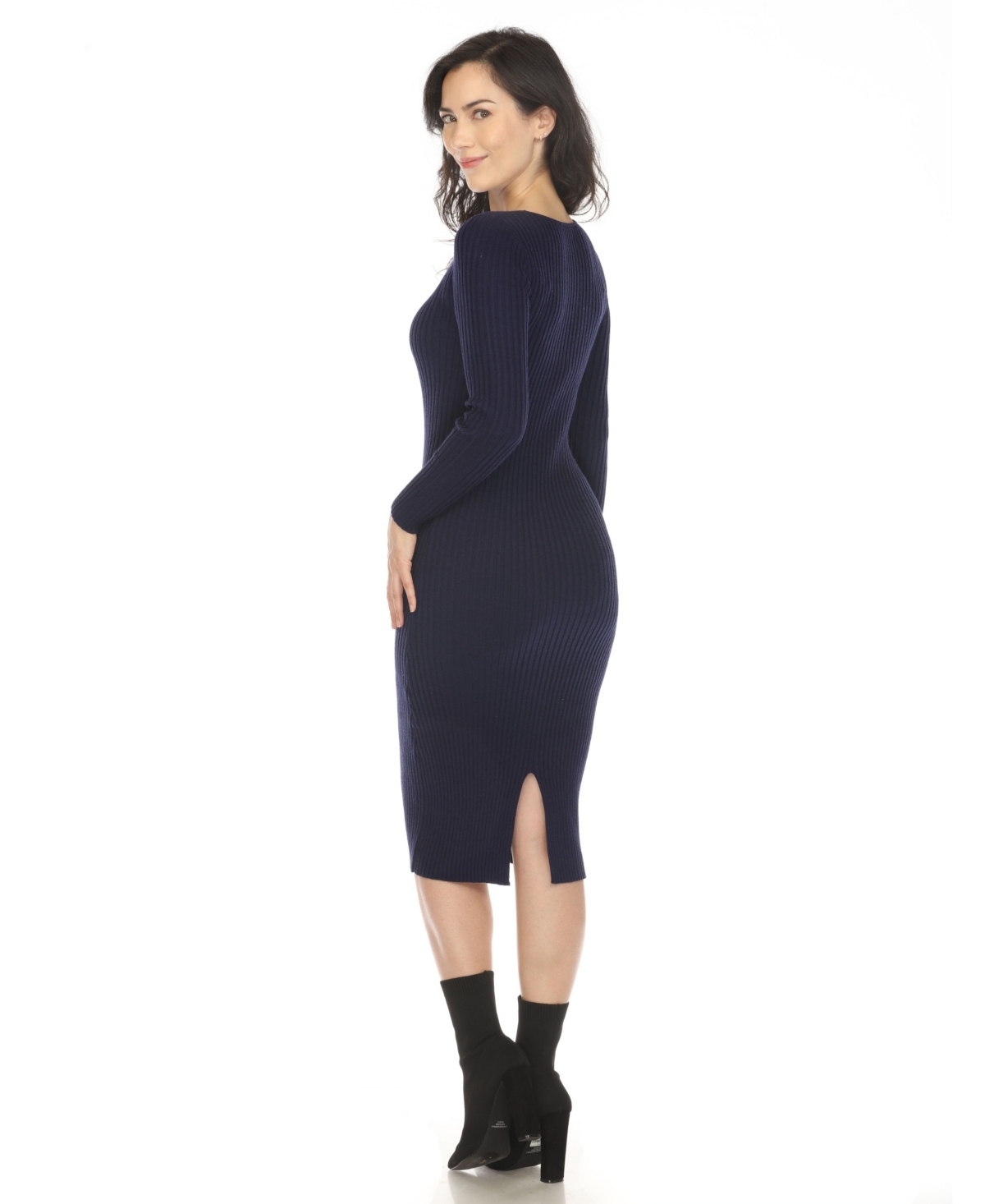 White Mark Women's Long Sleeve Rib Midi Sweater Dress In Navy