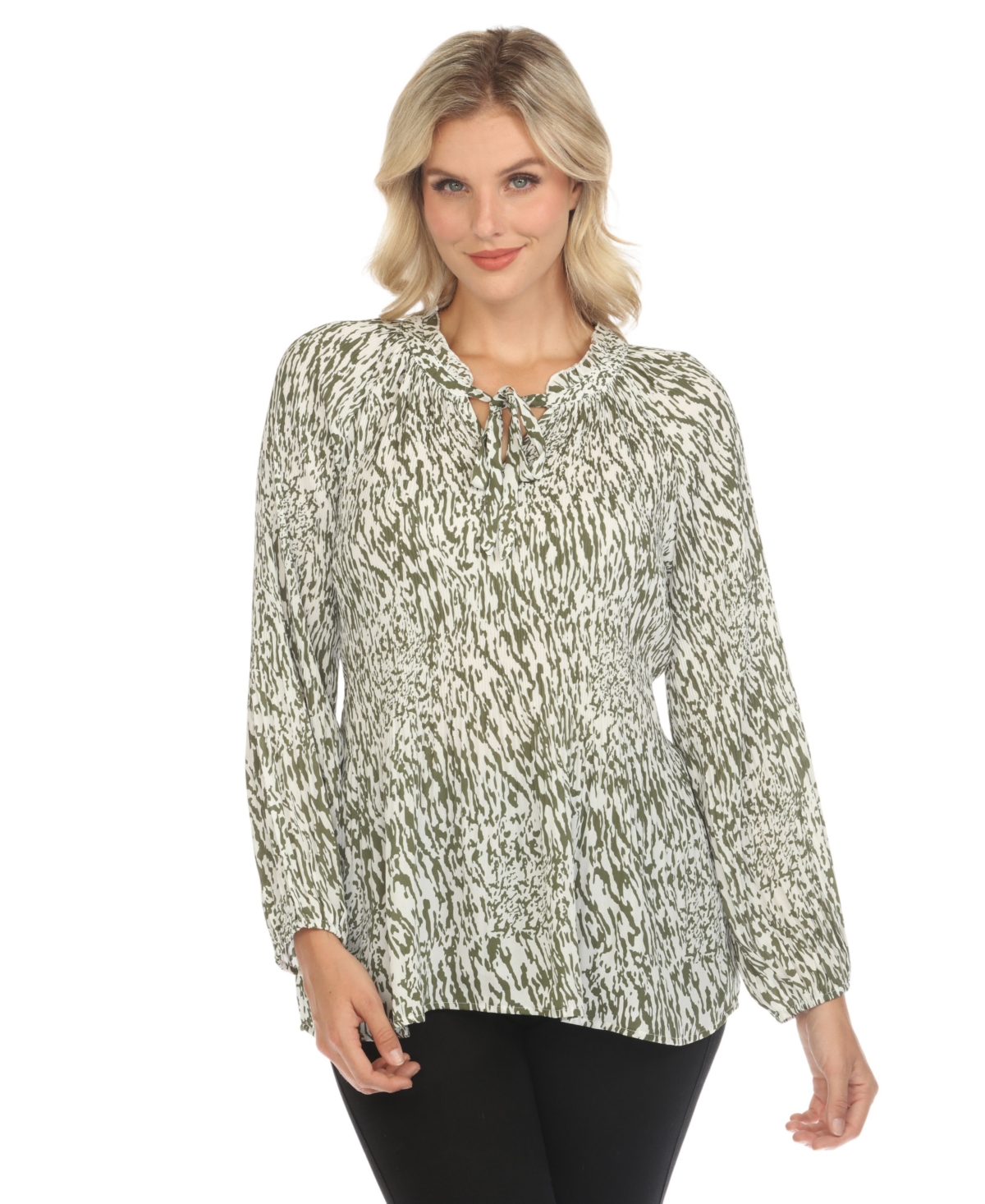 White Mark Women's Printed Peasant Blouse In White Olive