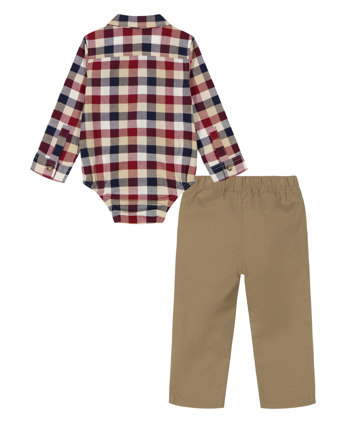 Tommy Hilfiger Baby Boy Oxford Plaid Long Sleeve Shirt Bodysuit Prewashed Twill Pants, 2-Piece Set -Navy Blazer/Vanilla Ice/Carmeli