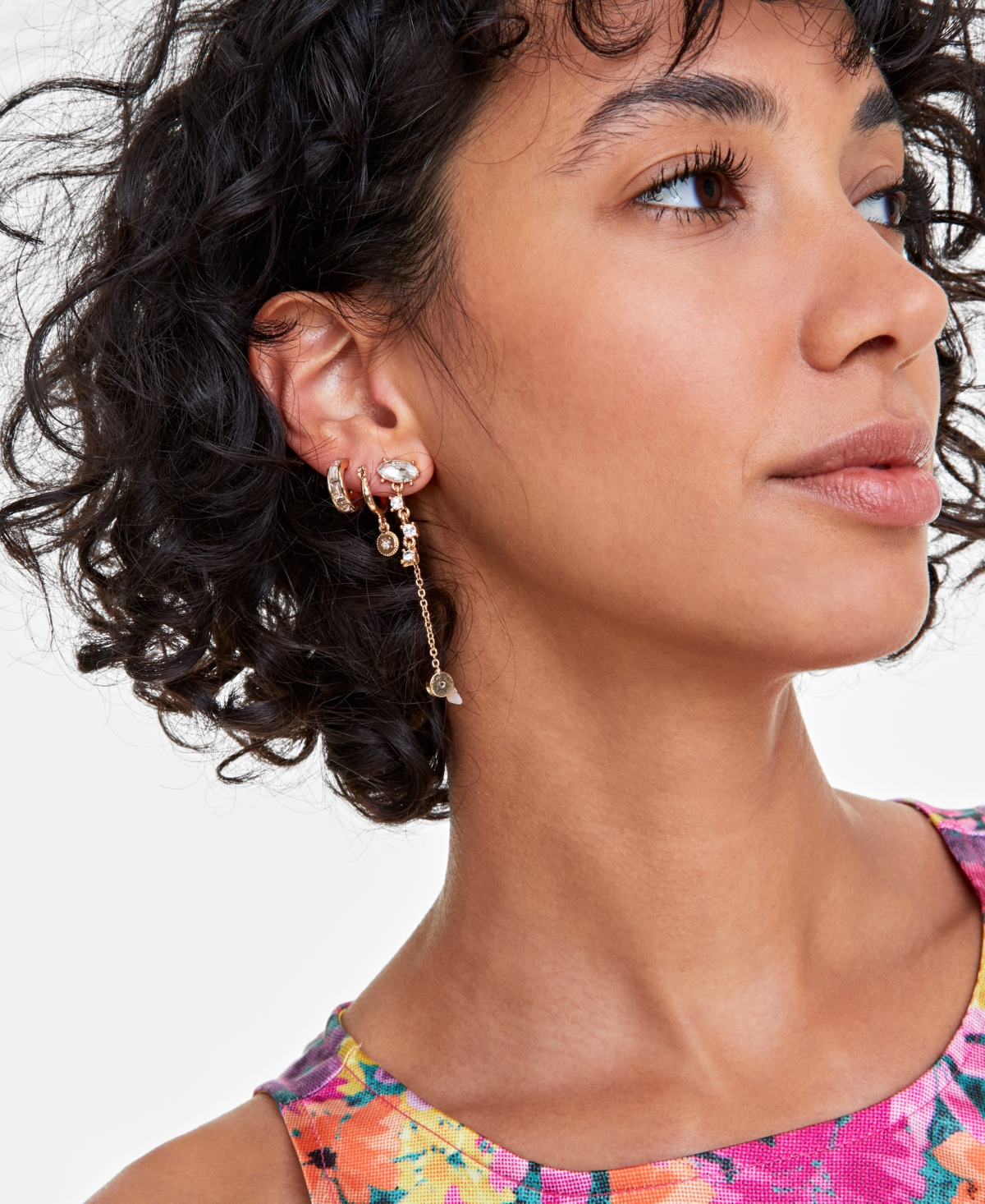 On 34th Gold-tone 3-pc. Set Crystal Hoop & Linear Drop Earrings, Created For Macy's In Gold