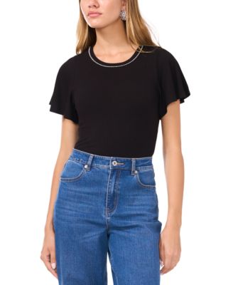 1.STATE - Women's Embellished-Neck Flutter-Sleeve T-Shirt