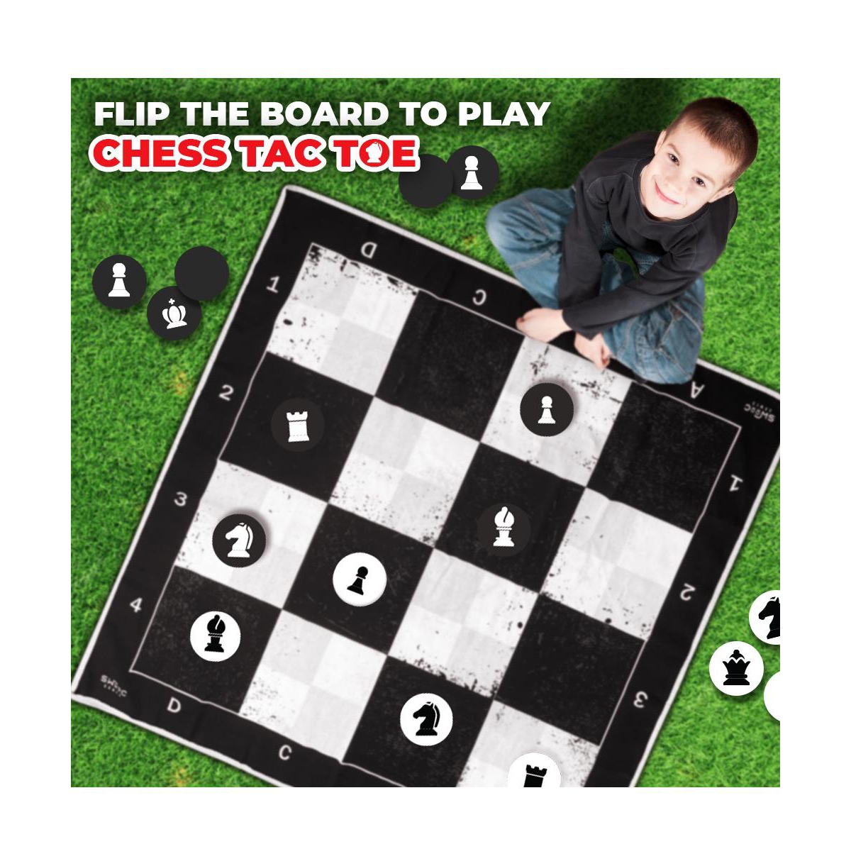 Swooc 3-in-1 Giant Checkers, Chess, & Chess Tac Toe Game With Mat (4ft x 4ft) - Machine-Washable Canvas & 5