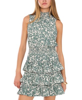 1.STATE - Women's Printed Smocked-Neck Tiered Mini Dress