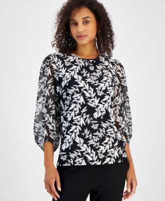 Kasper - Women's Leaf-Print Shirred-Neck Blouson-Sleeve Knit Top