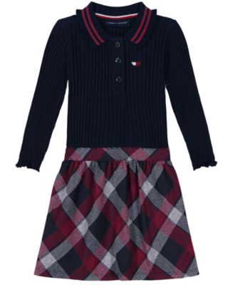 Tommy Hilfiger Toddler and Little Girls Ribbed Plaid Long Sleeve Polo Dress  - Macy's
