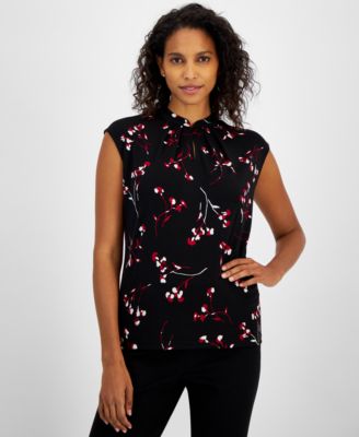 Kasper - Women's Floral-Print Extend-Shoulder Button-Neck Knit Top