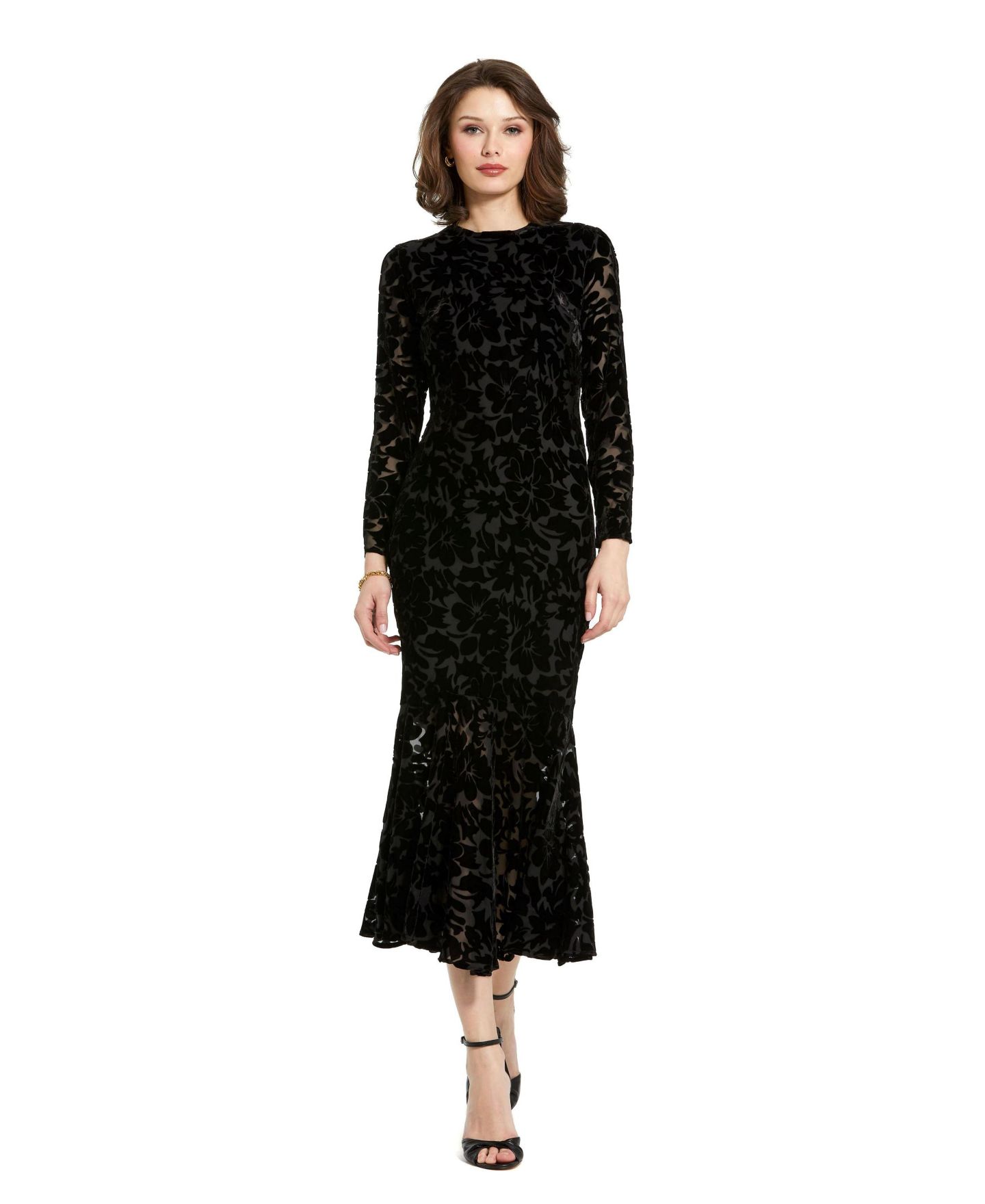 Женское платье Mac Duggal Burnout Velvet Long Sleeve Ruffle Hem Midi, цвет: Чёрный — фото 1