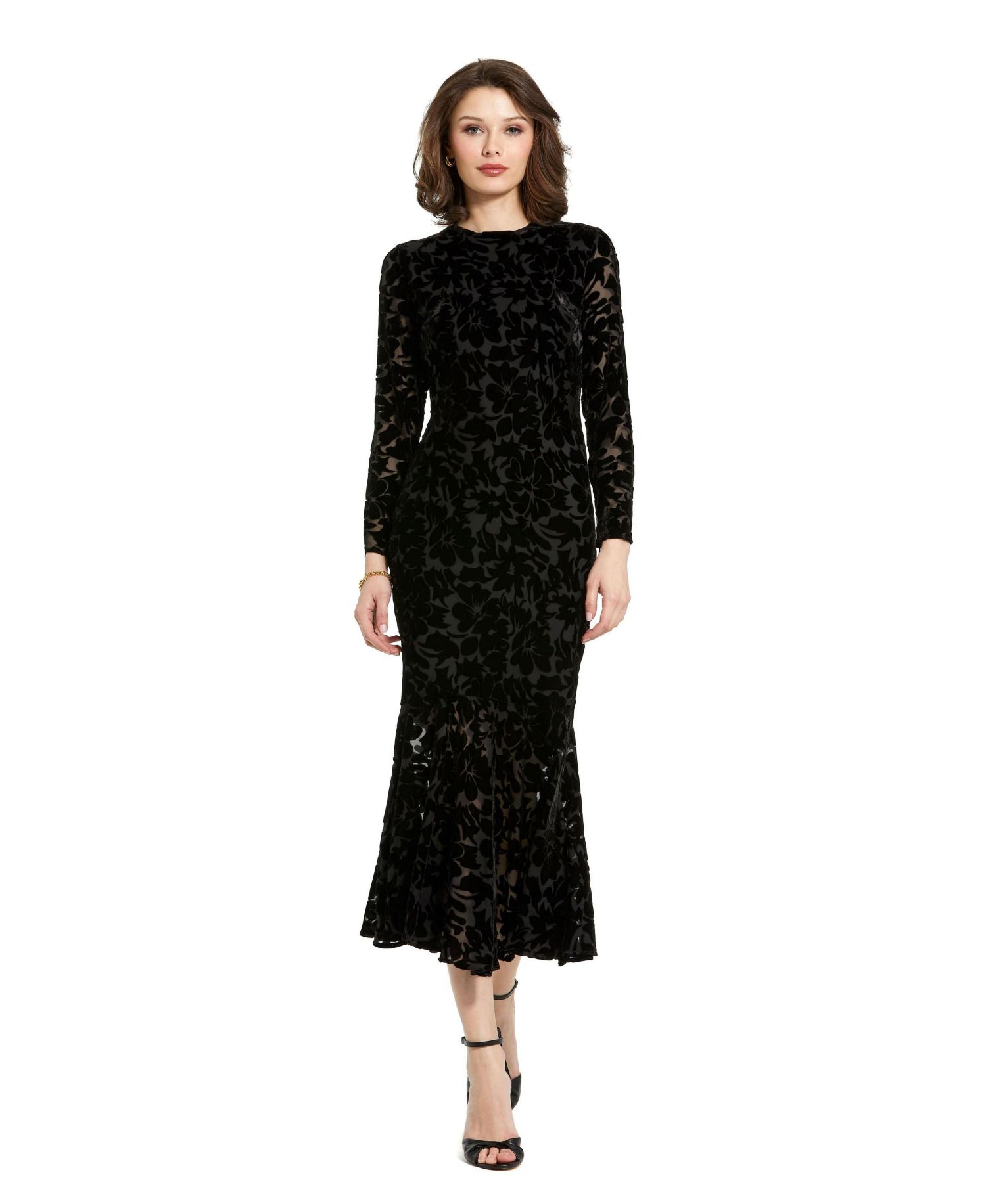 Women's Burnout Velvet Long Sleeve Ruffle Hem Midi Dress