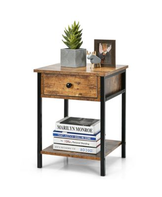 2-Piece Engineered Wood Adjustable Foot Pads, Drawer & Open Shelf Industrial End Side Table Nightstand