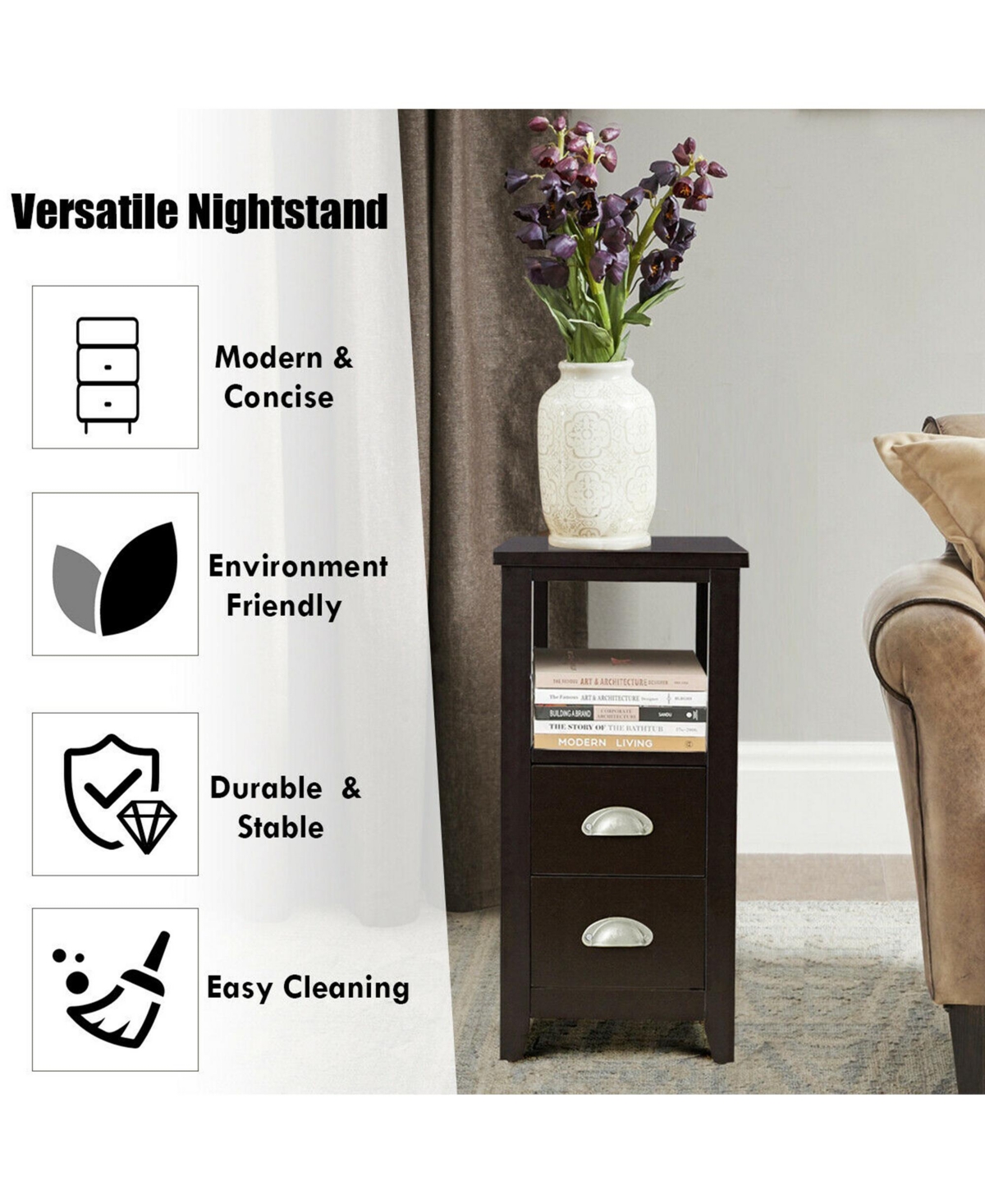 Gymax Set of 2 End Bedside Table Rectangular Nightstand W/ 2 Drawers & Shelf Espresso