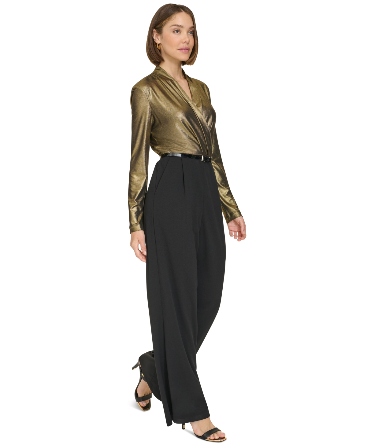 Tommy Hilfiger Women's Shimmer Belted Wide-Leg Jumpsuit -Gold