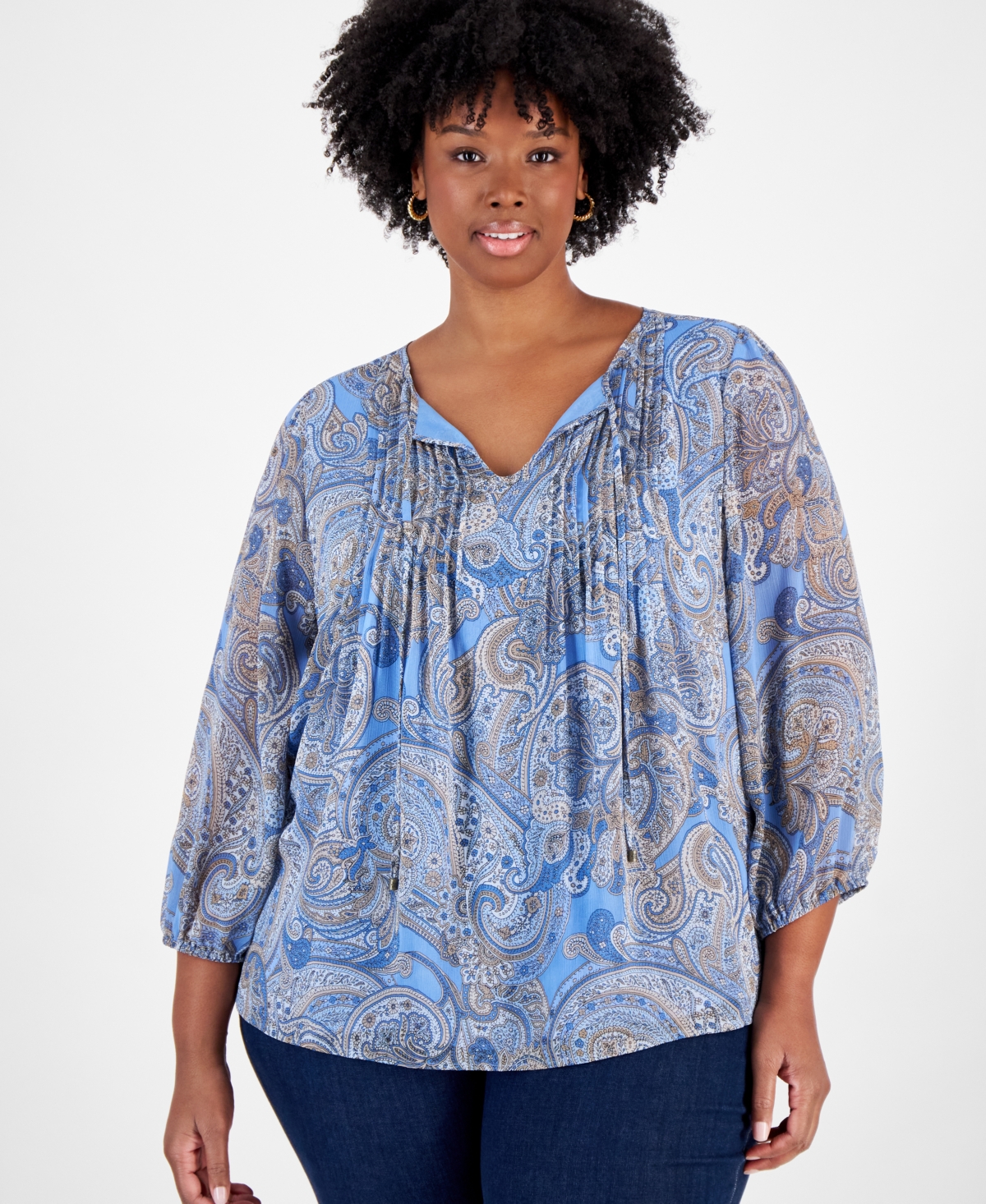 Tommy Hilfiger Plus Size Pintucked Paisley-print Top In Blue