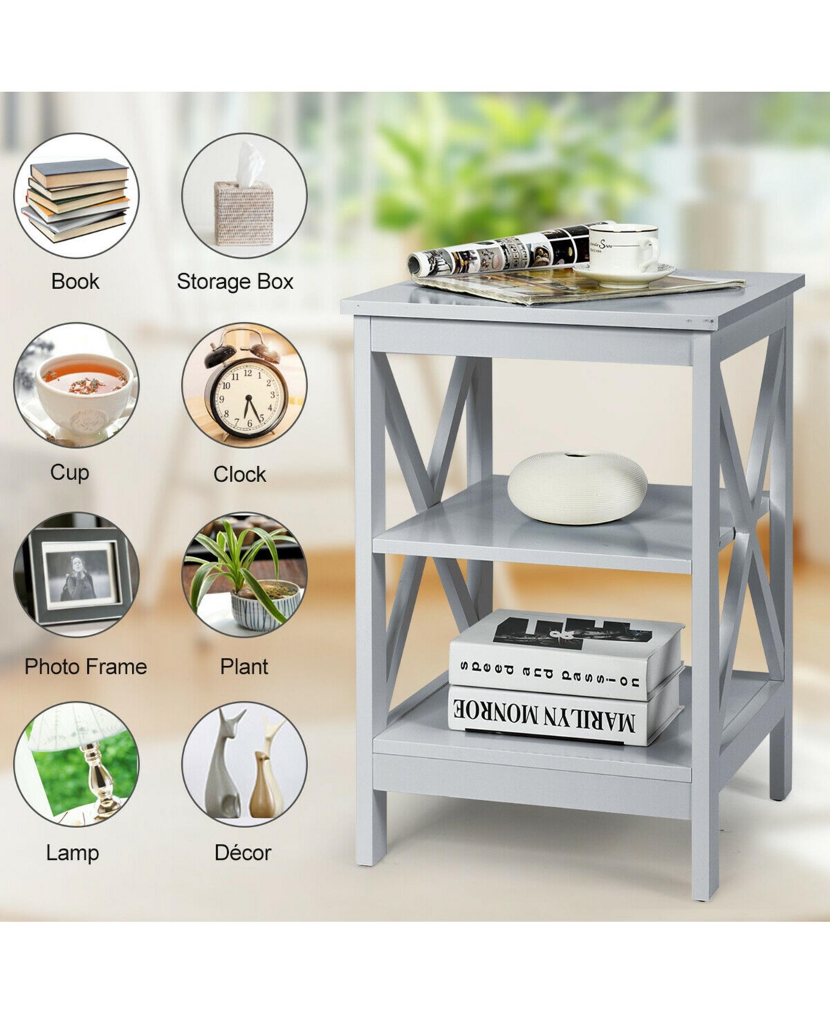 Gymax 3-Tier Nightstand End Table X Design Storage Display Shelf Living Room- Grey