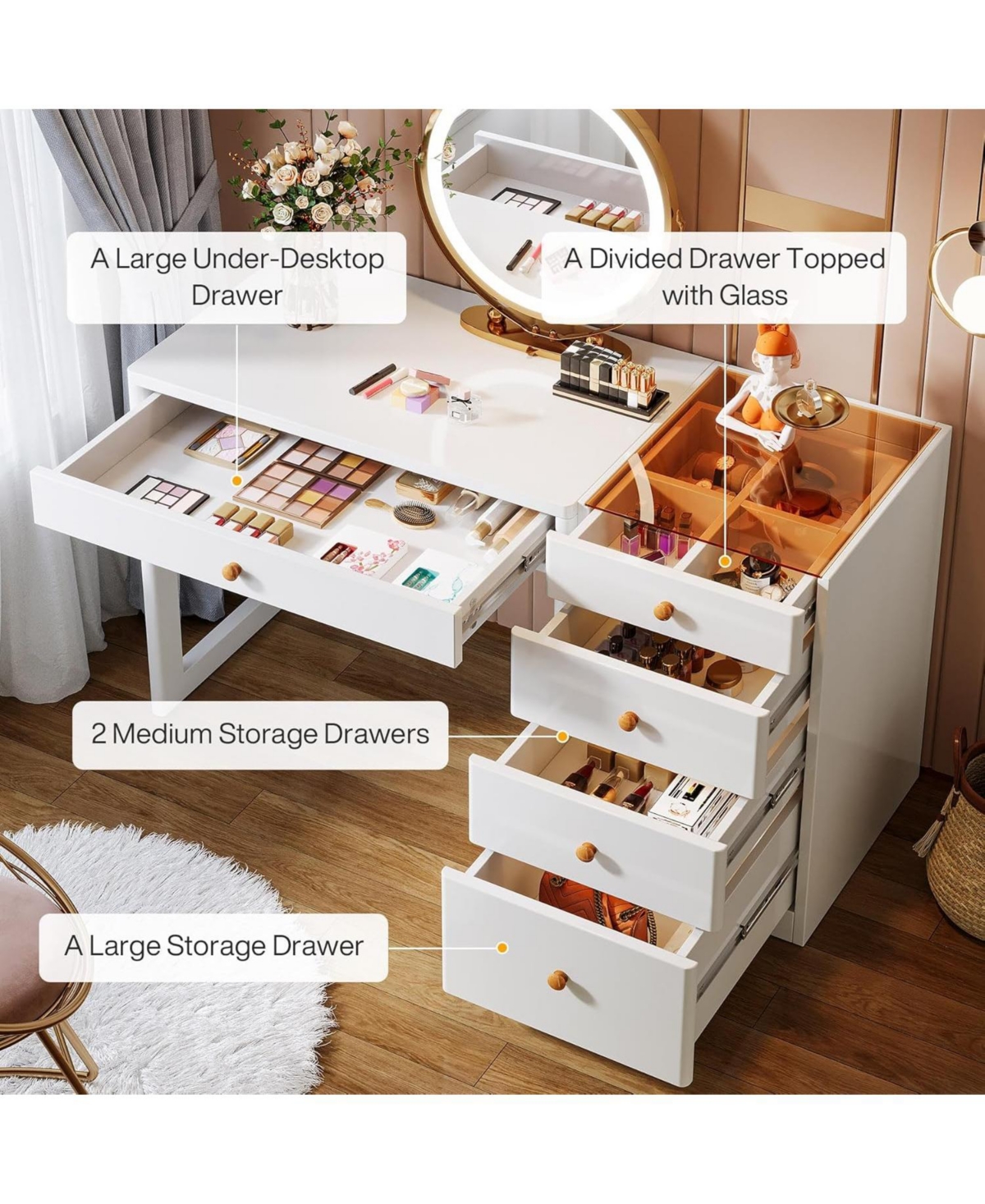 Tribesigns Makeup Vanity Desk with 5 Drawers, Modern Vanity Desk with Glass Top,Computer Desk Dressing Table for Bedroom (Without Mirror)