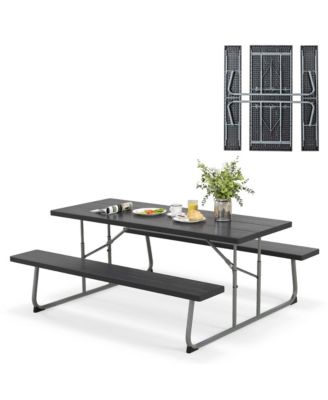 Folding Picnic Table with Wood-like Tabletop, Umbrella Hole, 2 Benches for 8 Person