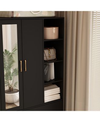 White Wood Armoires Wardrobe With Mirror, Pulling Hanging Rod, Drawers