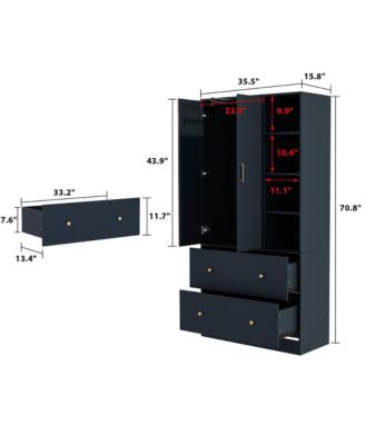 White Wood Armoires Wardrobe With Mirror, Pulling Hanging Rod, Drawers