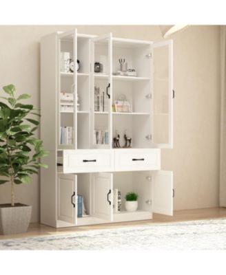 8-Shelf White Wood Standard Bookcase with Shelves,Drawers