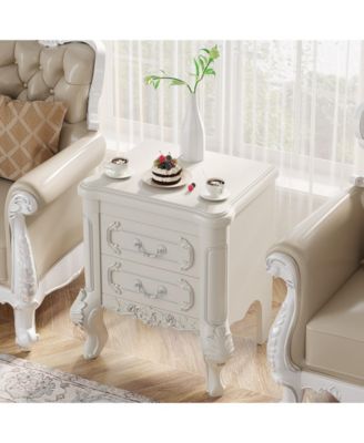 White Nightstand Set of 2: Classic End Tables with 2 Drawers & Carved Design – Ideal for Bedroom or Living Room