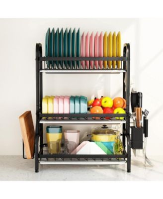 Drying Rack, Metal 3-Tier Large Capacity Dish Rack with Utensil Holder, Cutting Board Holder, Drain Board Tray for Kitchen Counter Storage