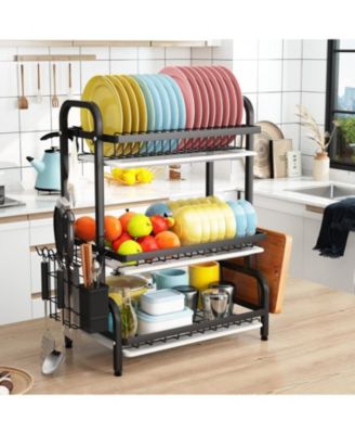 Drying Rack, Metal 3-Tier Large Capacity Dish Rack with Utensil Holder, Cutting Board Holder, Drain Board Tray for Kitchen Counter Storage