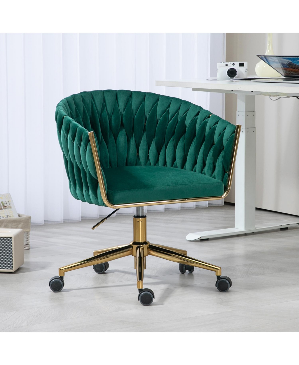 Slickblue Modern Hand-Woven Backrest Office Chair: Height Adjustable, 360° Swivel Vanity Chair with Wheels for Bedroom & Living Room