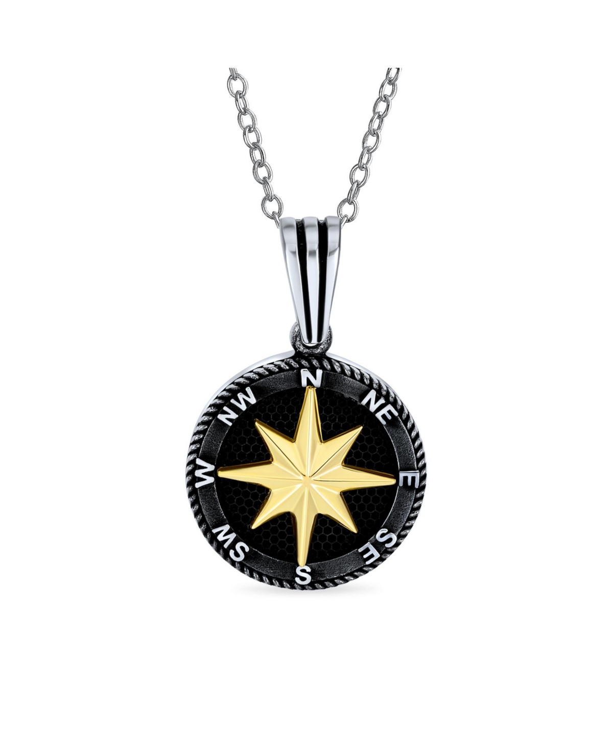 Bling Jewelry Unisex Explorer Travel Viking Disc Medallion Inspirational North Star Rose Compass Pendant Necklace For Men For Women Black Plated Two T