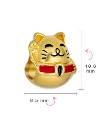 Japanese Maneki Neko Lucky Cat Good Fortune Dangle Charm Bead Red Enamel .925 Sterling Silver Fits European Bracelet