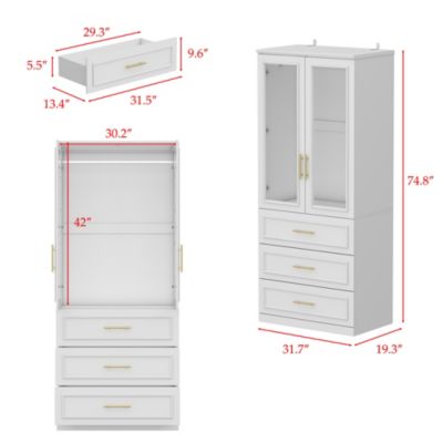 White 2-door 3-drawer wardrobe with tempered glass, bedroom Armoire, wooden Closet