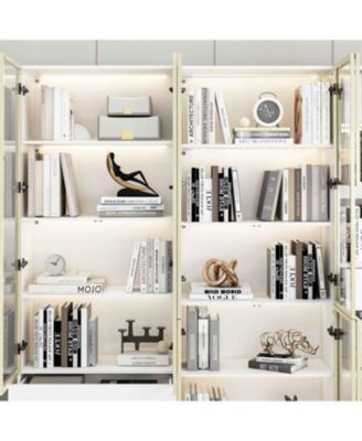 30-Shelf White Wood Standard Bookcase With Doors,LED Lights,Drawers