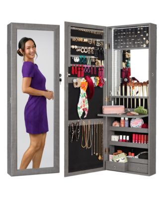 Hanging Mirror Jewelry Armoire, Door or Wall Mounted Cabinet w/ LED Lights, Lock