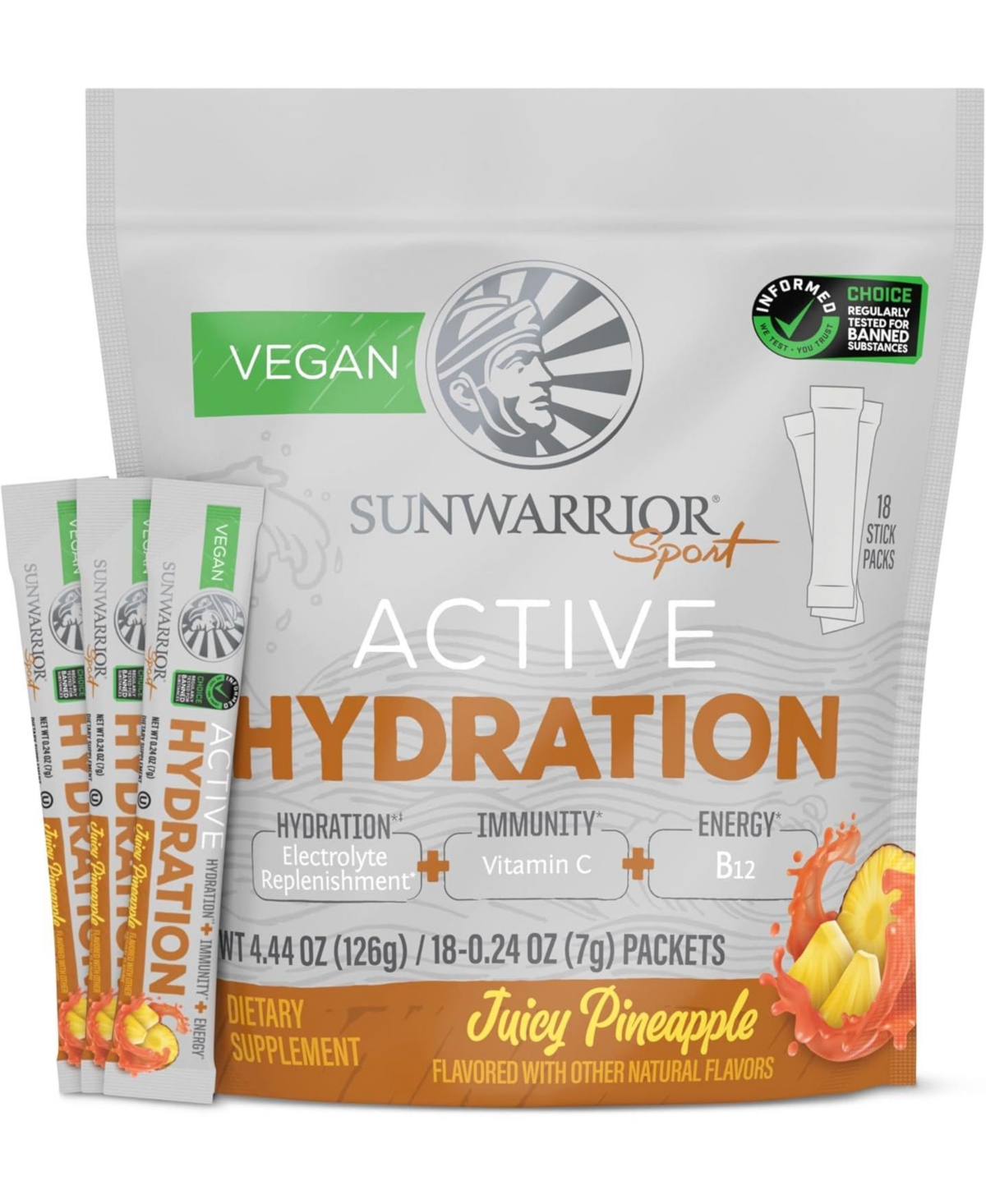 Active Hydration Juicy Pineapple Powder, Sugar Free B12 Elderberry and Electrolytes Water Enhancer, Sunwarrior, 18 stick packs 126g pouch